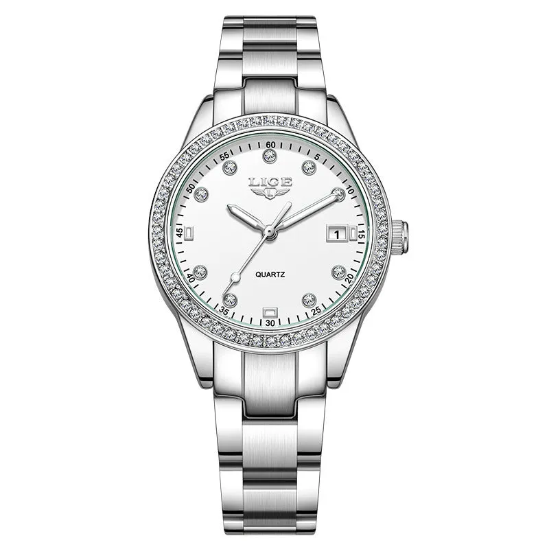 Fashion Girl quartz watch with diamond-encrusted bezel, silver stainless steel bracelet, round 34mm dial with luminous hands
