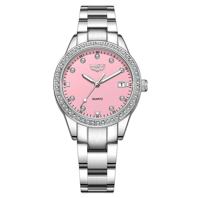 Fashion Girl quartz watch with diamond-encrusted bezel, silver stainless steel bracelet, round 34mm dial with luminous hands
