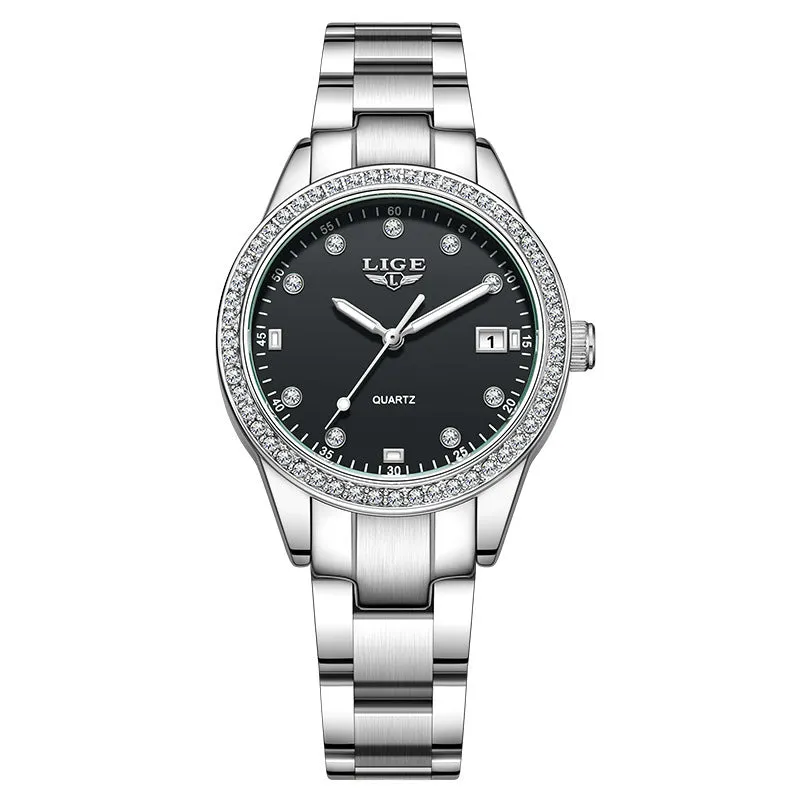 Fashion Girl quartz watch with diamond-encrusted bezel, silver stainless steel bracelet, round 34mm dial with luminous hands