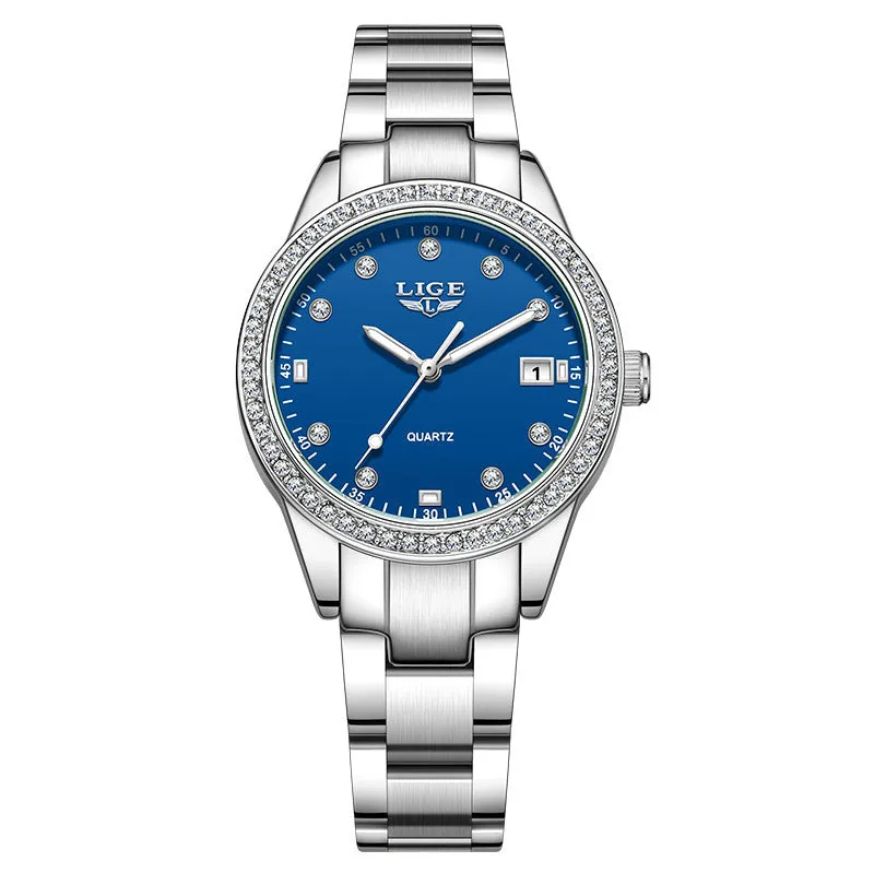 Fashion Girl quartz watch with diamond-encrusted bezel, silver stainless steel bracelet, round 34mm dial with luminous hands