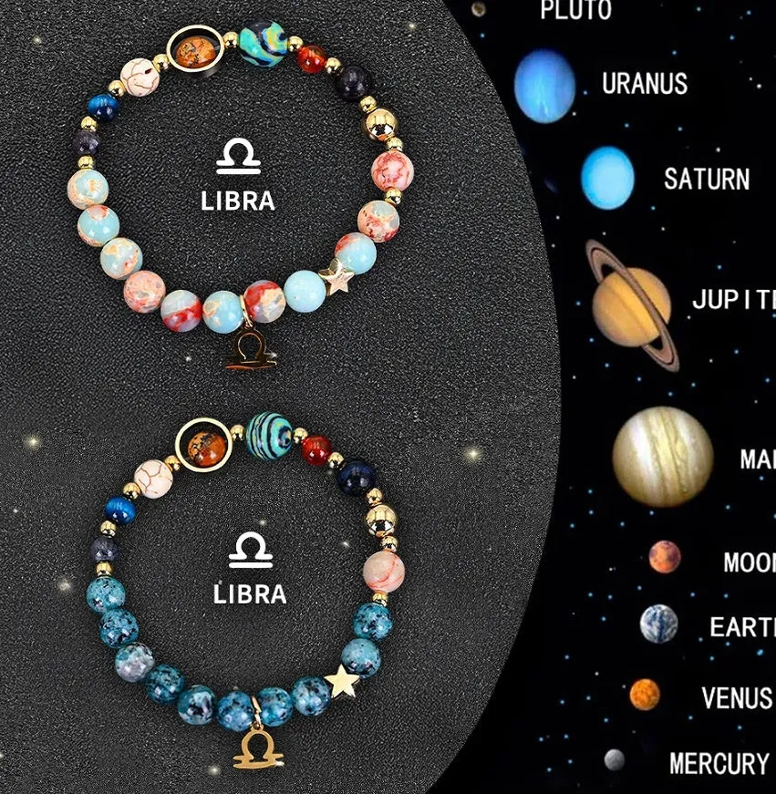 Set of twelve natural stone beaded bracelets, each with a different zodiac sign design, on a stretch elastic cord.