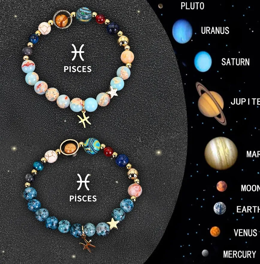 Set of twelve natural stone beaded bracelets, each with a different zodiac sign design, on a stretch elastic cord.