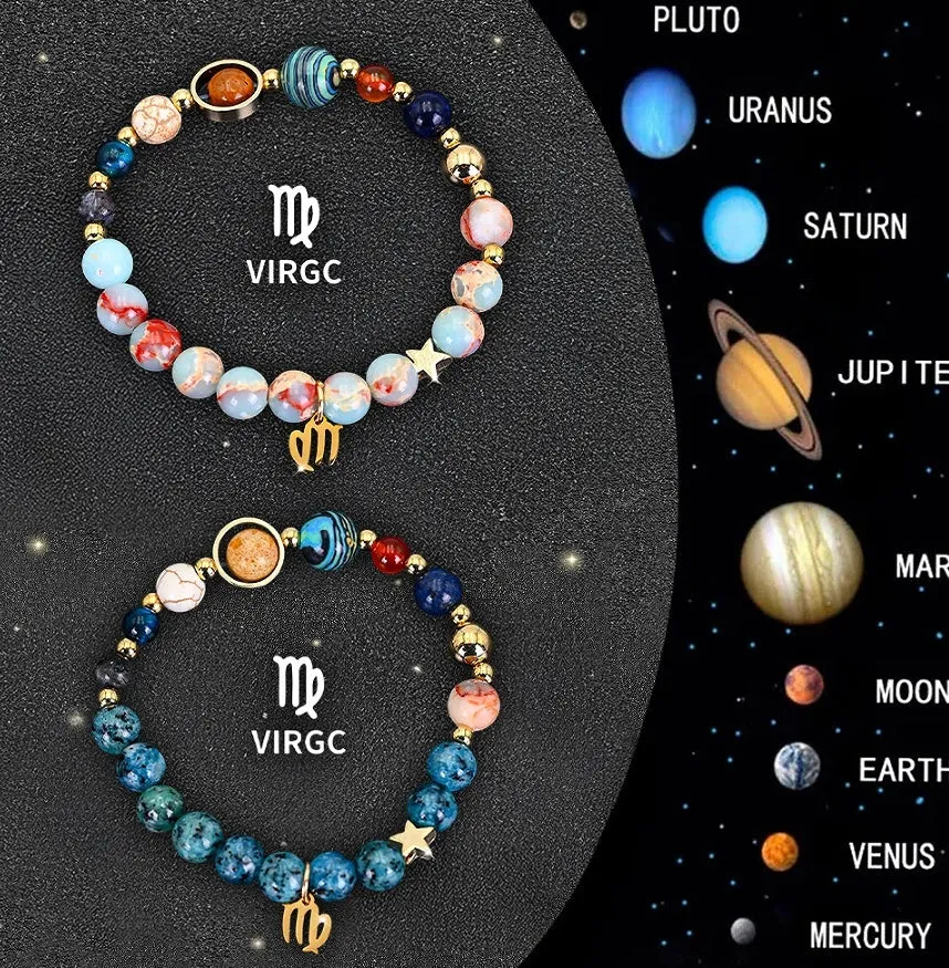 Set of twelve natural stone beaded bracelets, each with a different zodiac sign design, on a stretch elastic cord.