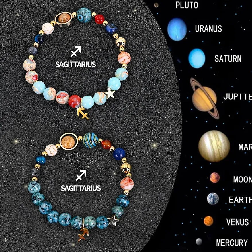 Set of twelve natural stone beaded bracelets, each with a different zodiac sign design, on a stretch elastic cord.