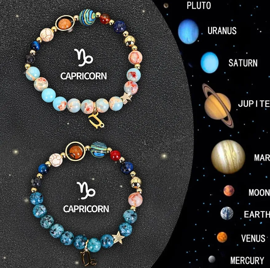 Set of twelve natural stone beaded bracelets, each with a different zodiac sign design, on a stretch elastic cord.