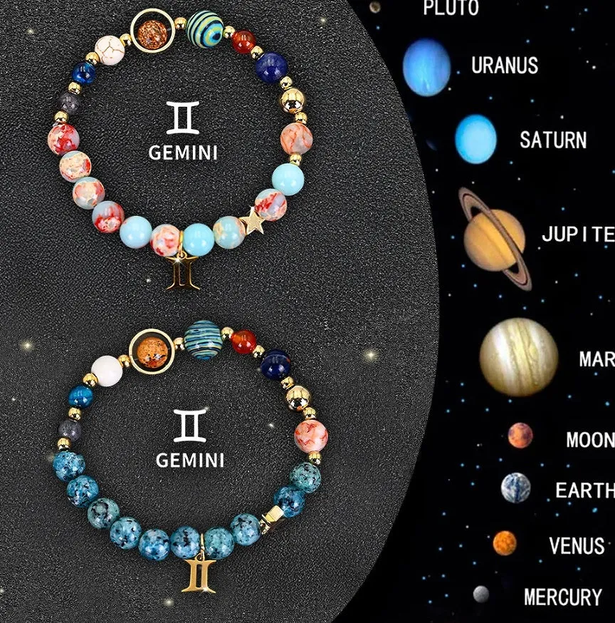 Set of twelve natural stone beaded bracelets, each with a different zodiac sign design, on a stretch elastic cord.