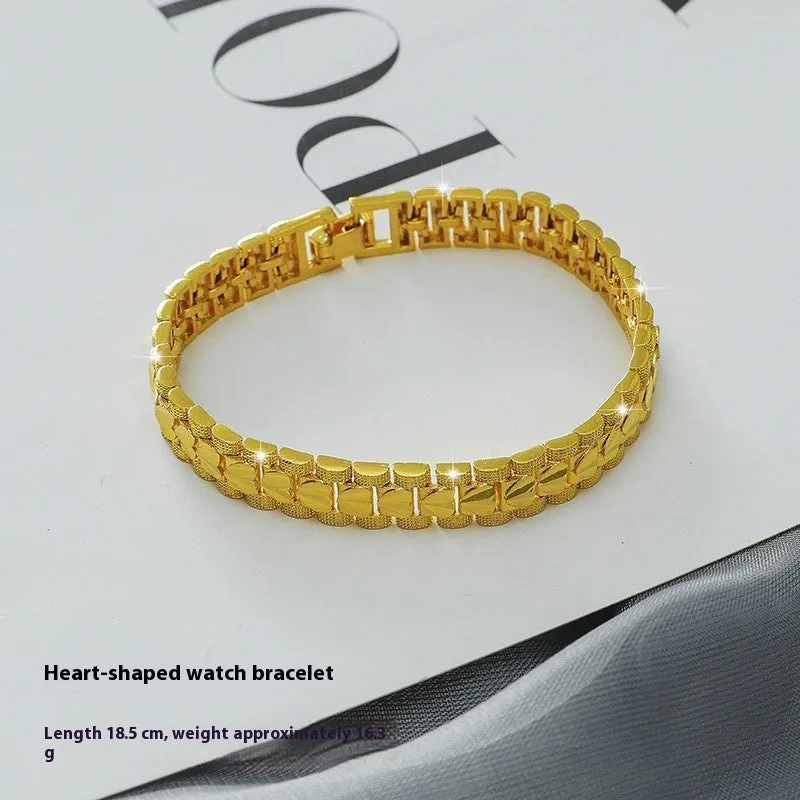 Gold brass heart-shaped fashion bracelet for women with electroplated finish on flat surface