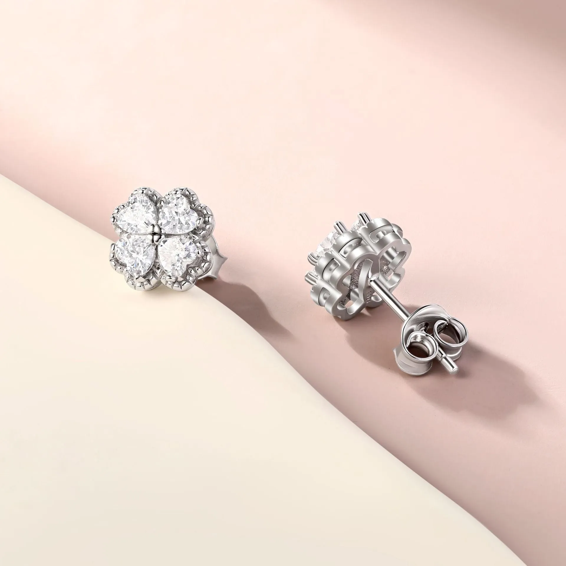 925 silver four-leaf clover earrings with inlaid zircon stones, white gold colour, heart-shaped love design for women