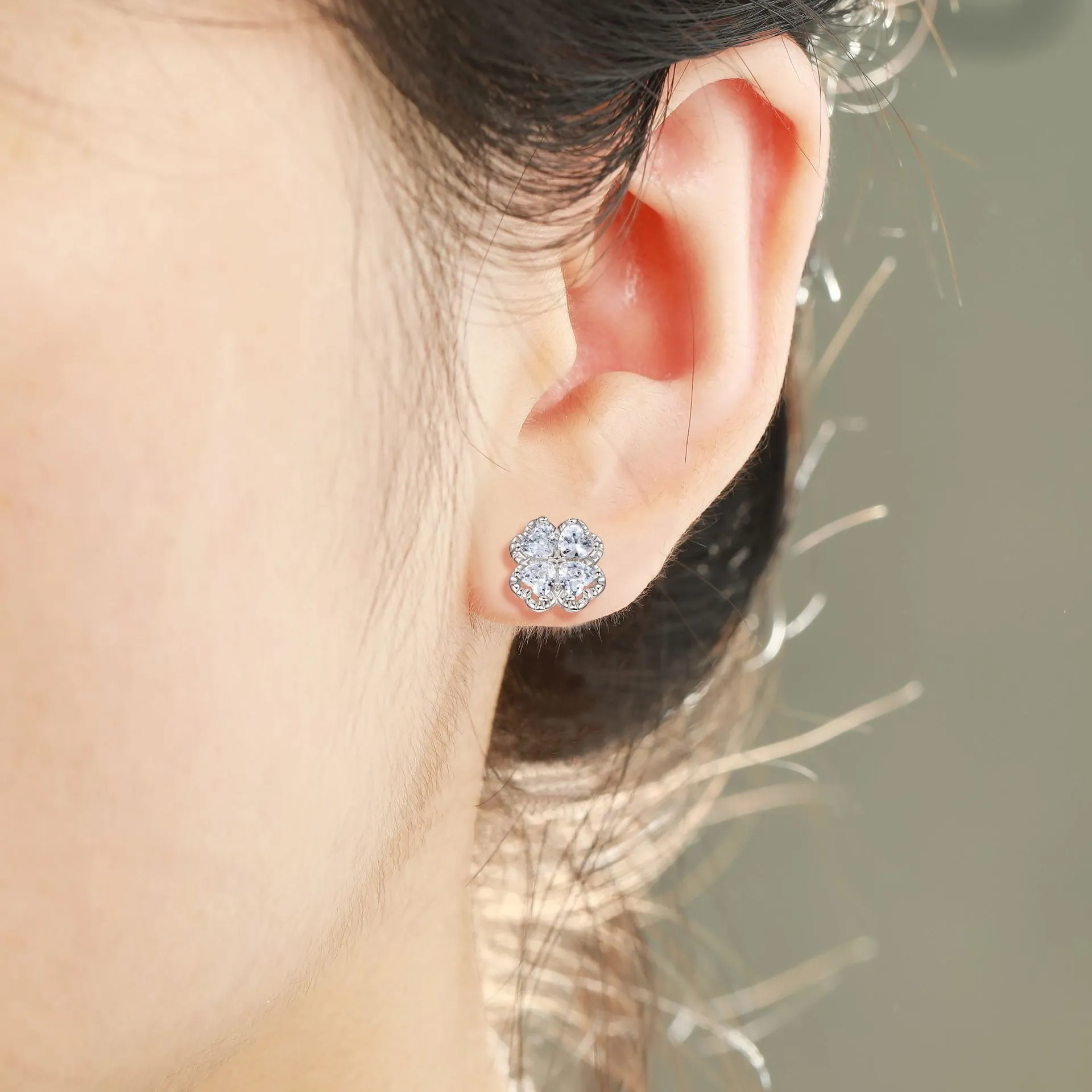 925 silver four-leaf clover earrings with inlaid zircon stones, white gold colour, heart-shaped love design for women