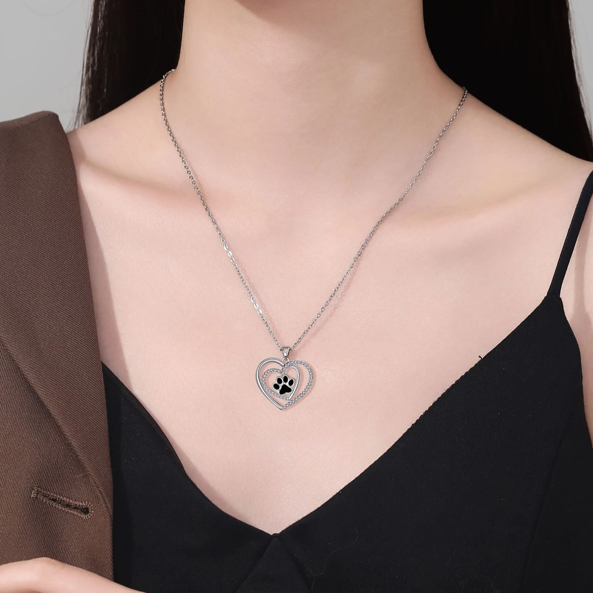 Women's dog paw prints heart necklace with copper pendant and cross chain in electroplated finish