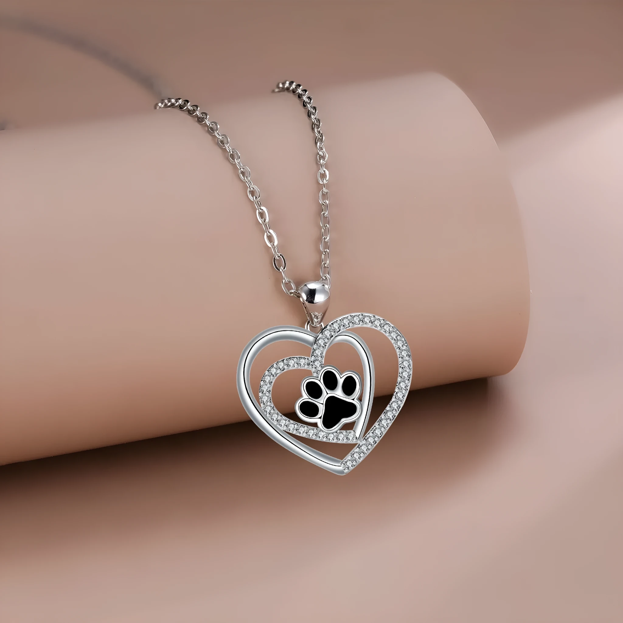 Women's dog paw prints heart necklace with copper pendant and cross chain in electroplated finish