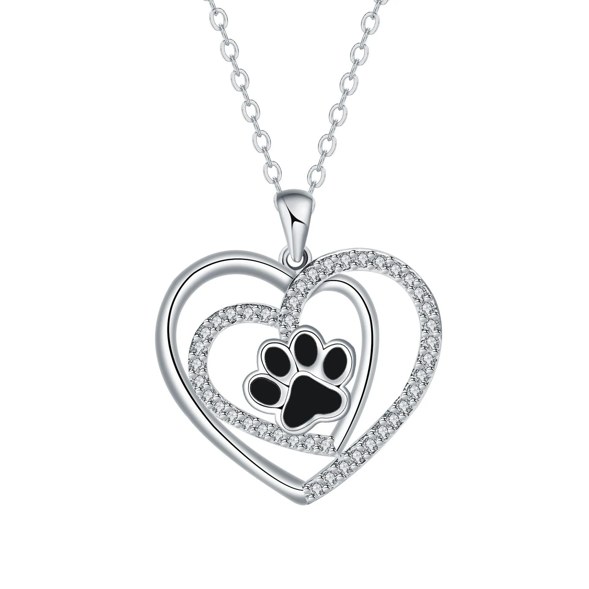 Women's dog paw prints heart necklace with copper pendant and cross chain in electroplated finish