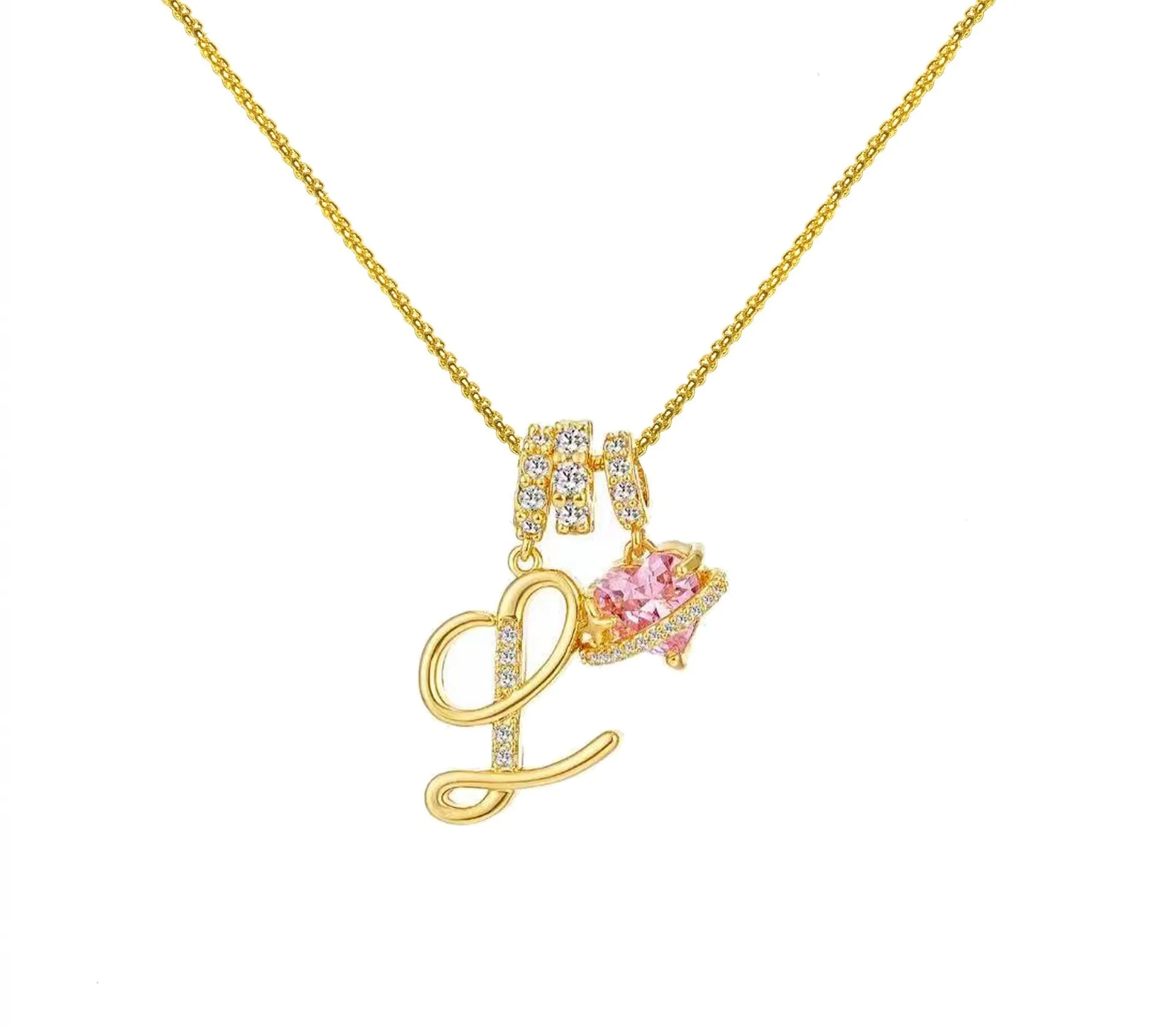 Copper English letter necklace with 26 alphabet charms in gold and silver style on display