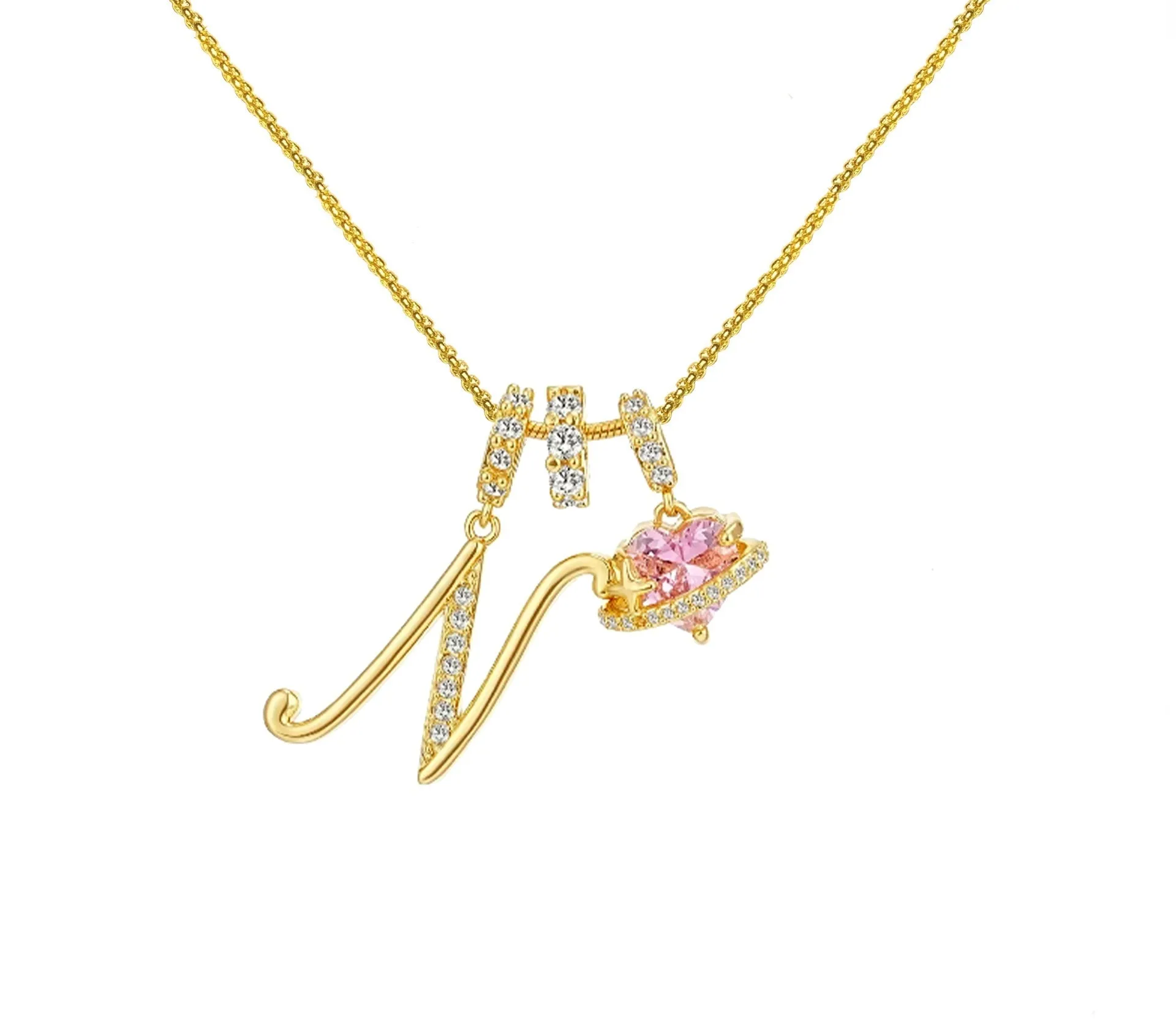 Copper English letter necklace with 26 alphabet charms in gold and silver style on display