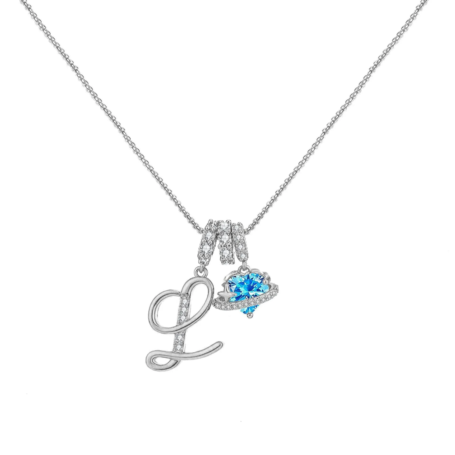 Copper English letter necklace with 26 alphabet charms in gold and silver style on display