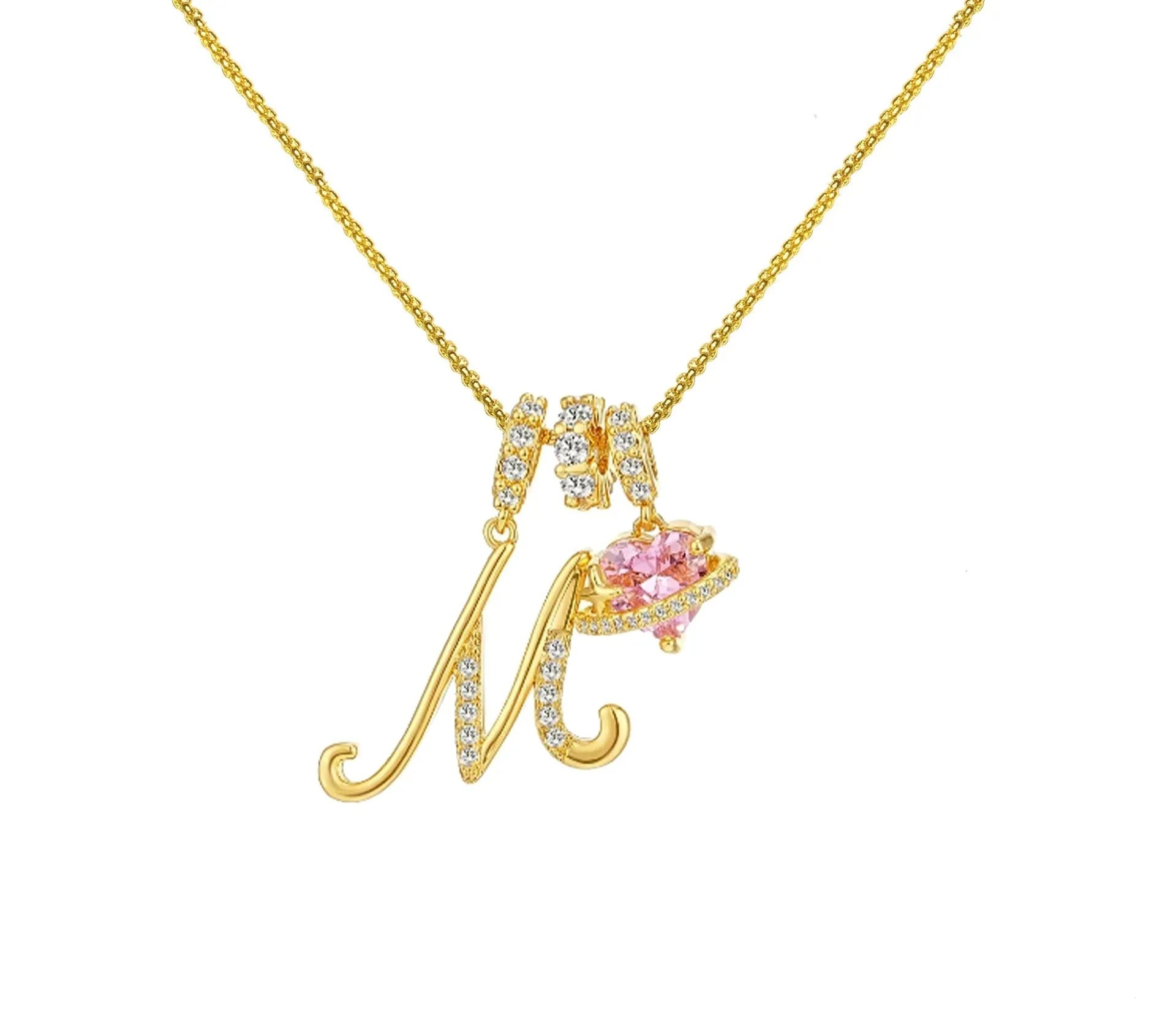 Copper English letter necklace with 26 alphabet charms in gold and silver style on display