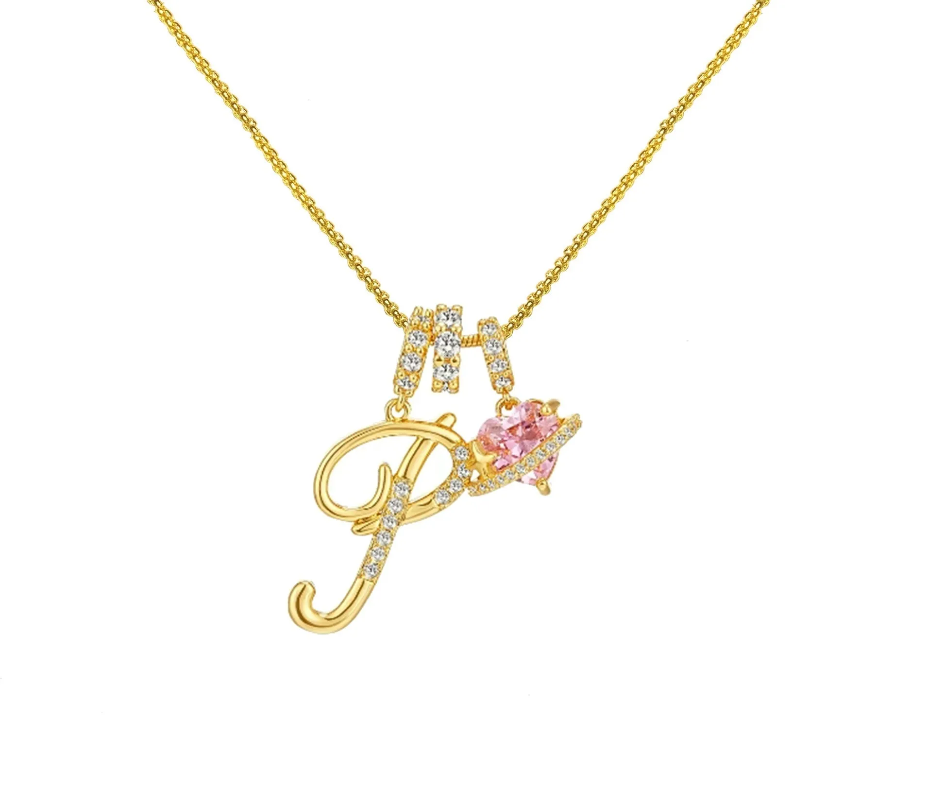 Copper English letter necklace with 26 alphabet charms in gold and silver style on display