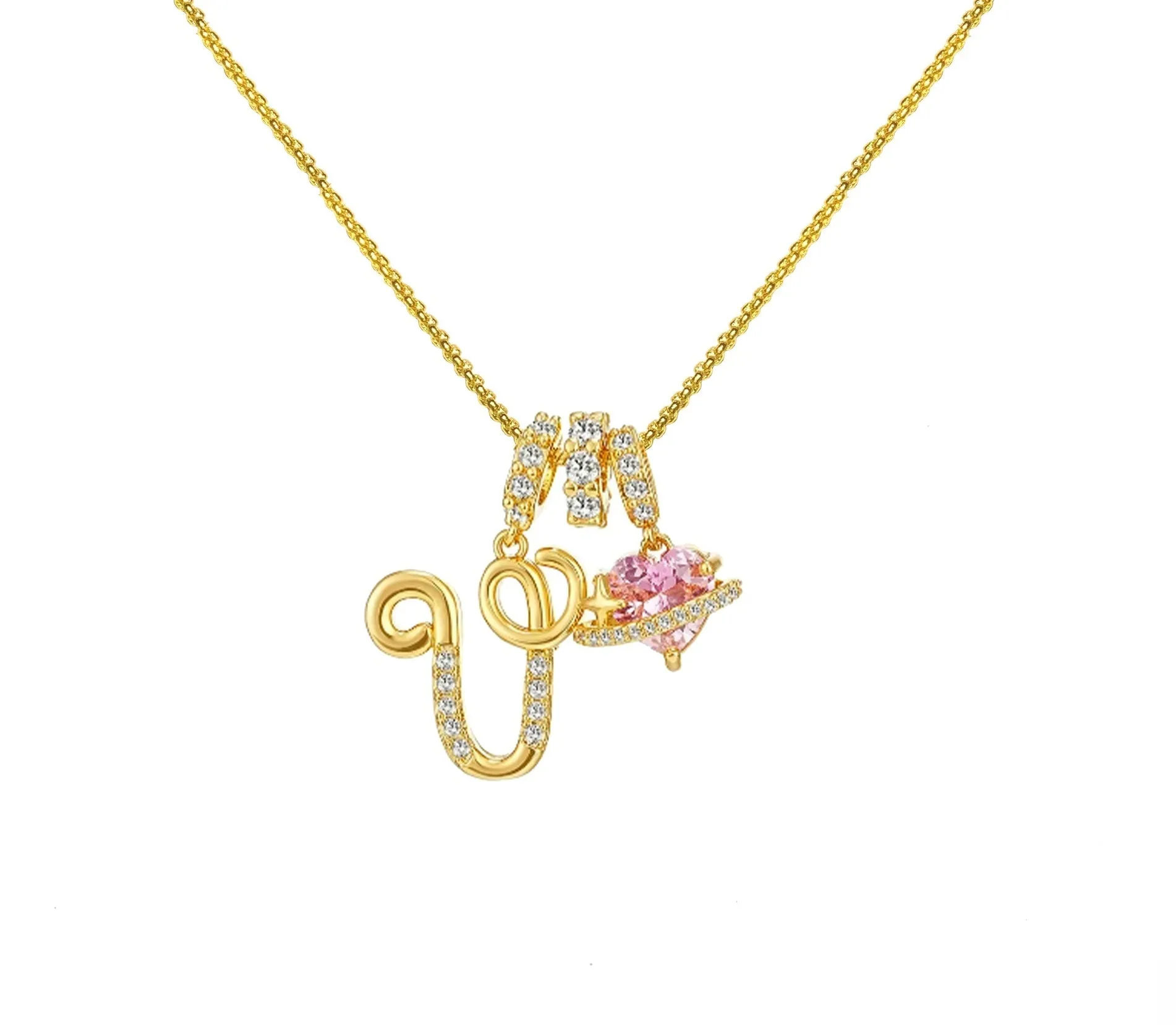 Copper English letter necklace with 26 alphabet charms in gold and silver style on display