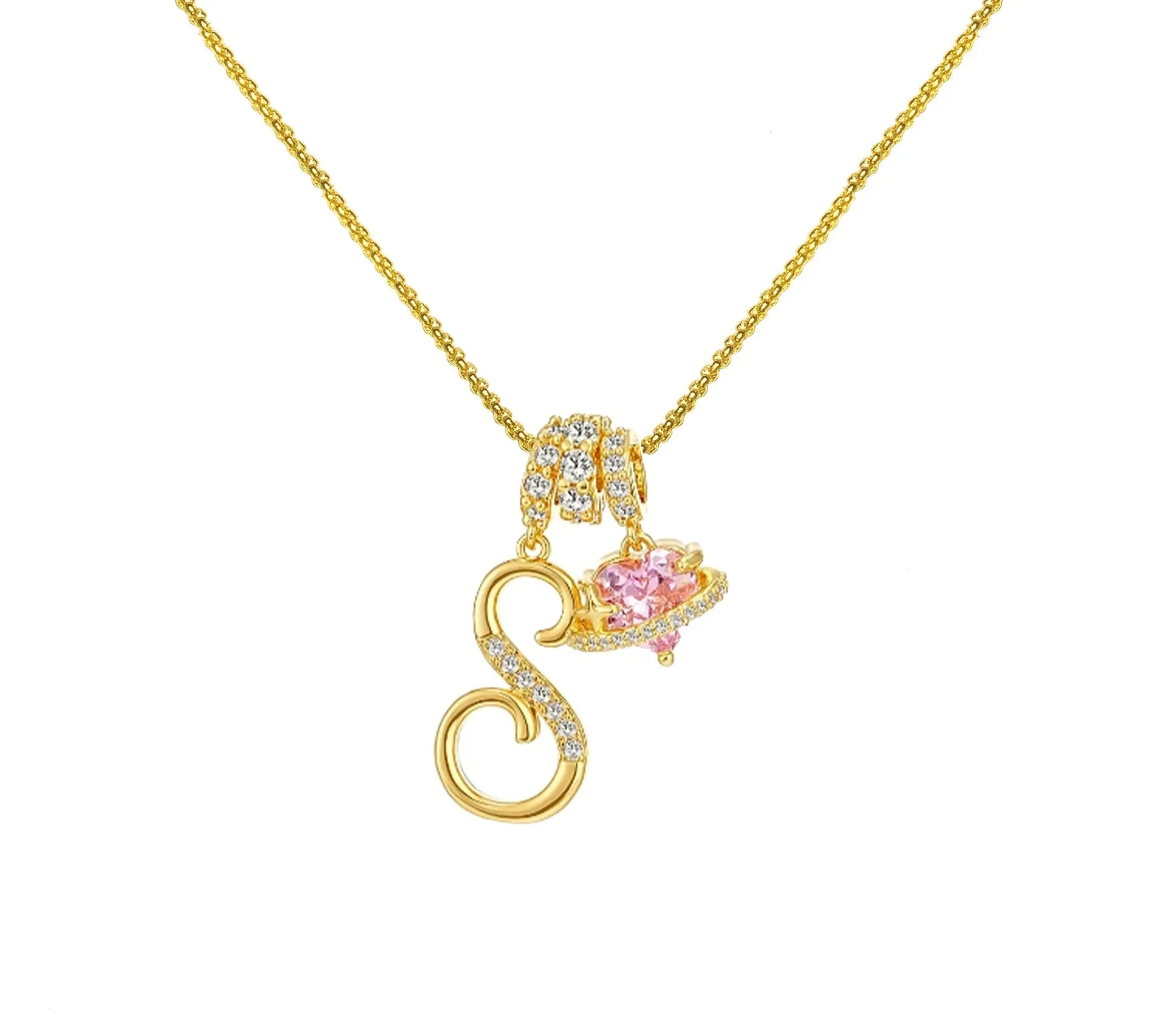 Copper English letter necklace with 26 alphabet charms in gold and silver style on display