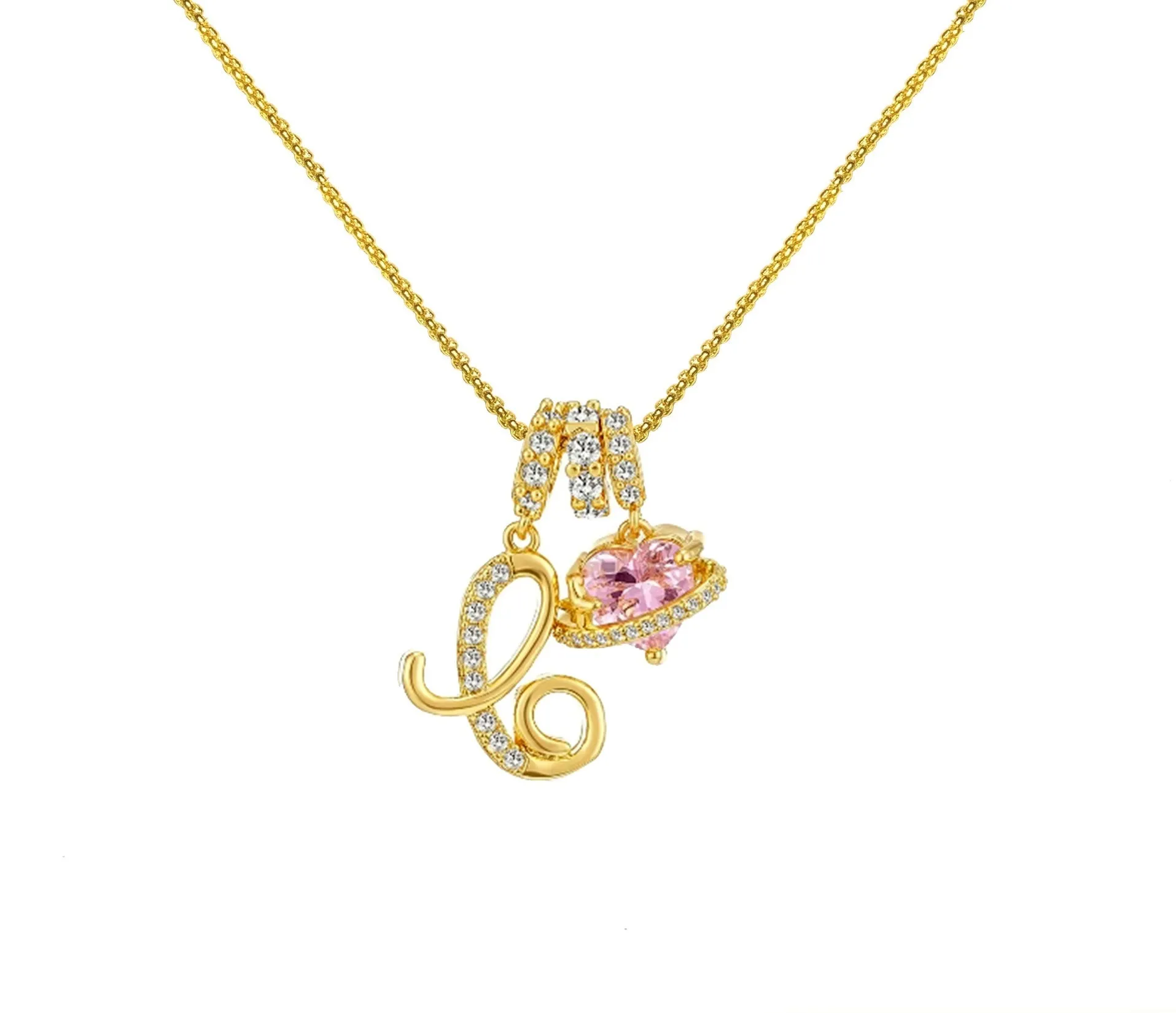 Copper English letter necklace with 26 alphabet charms in gold and silver style on display