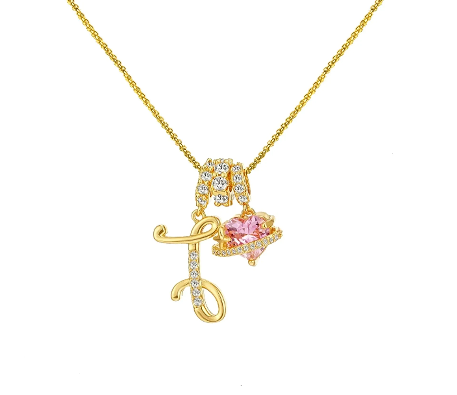Copper English letter necklace with 26 alphabet charms in gold and silver style on display