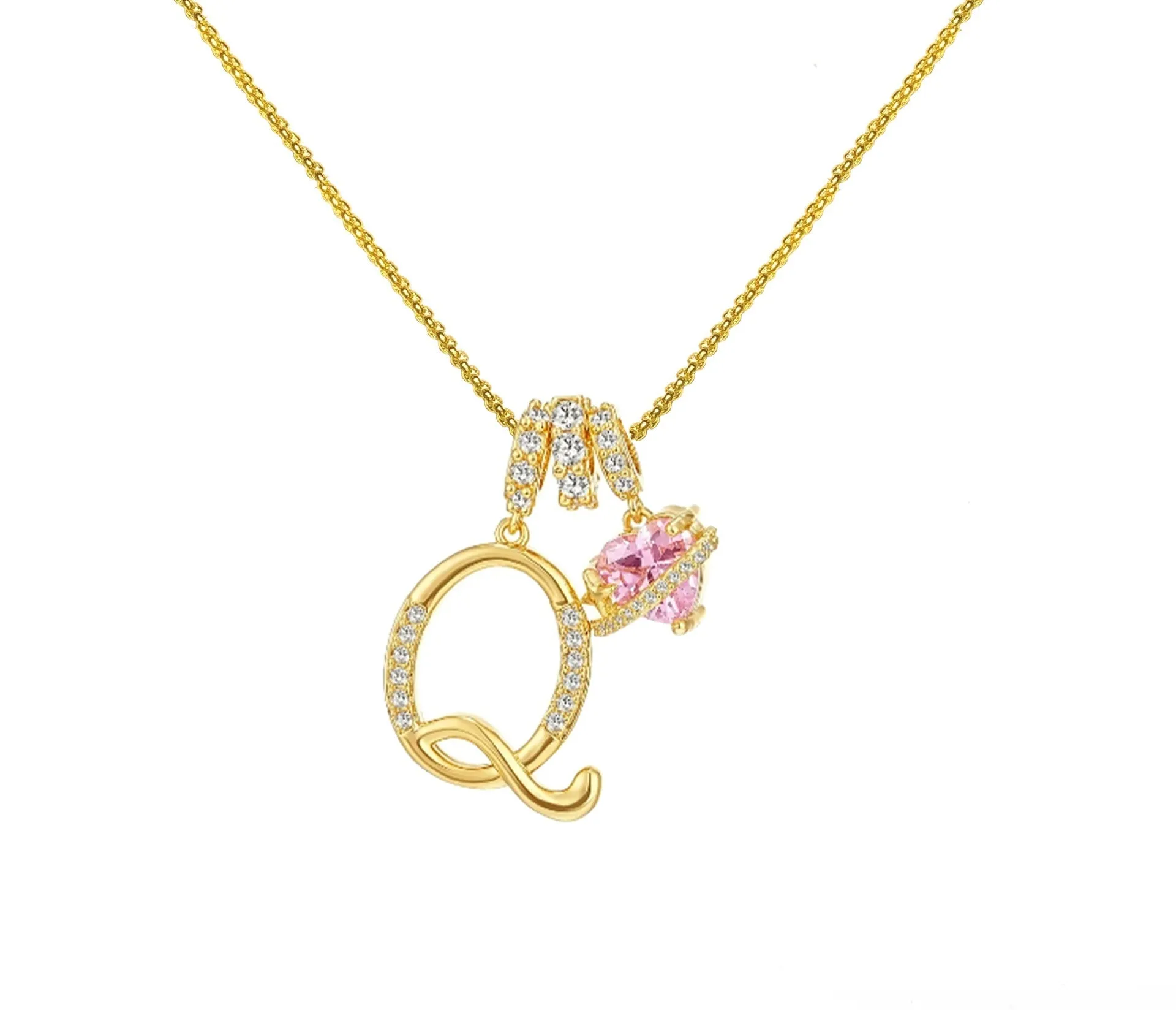 Copper English letter necklace with 26 alphabet charms in gold and silver style on display
