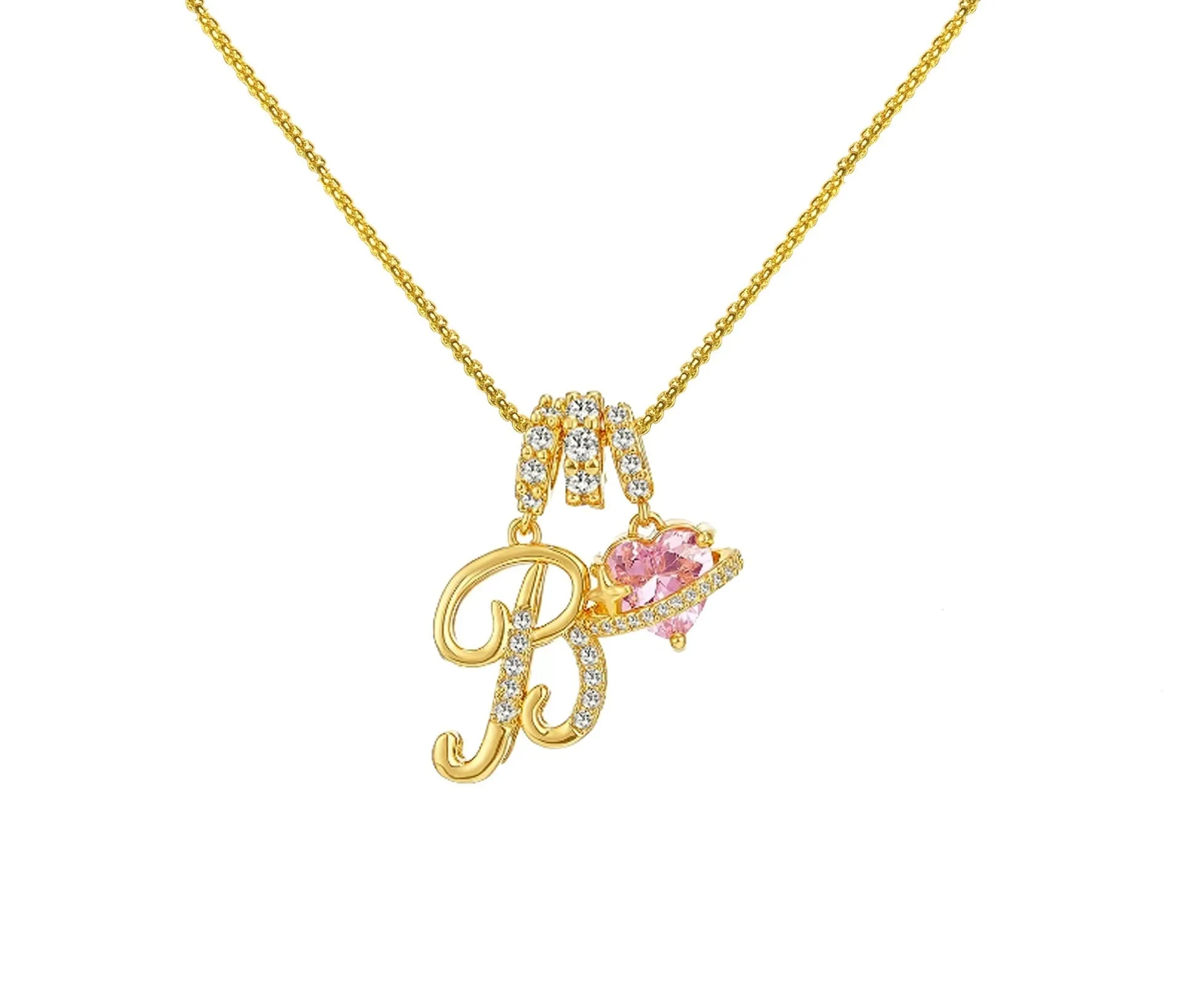 Copper English letter necklace with 26 alphabet charms in gold and silver style on display