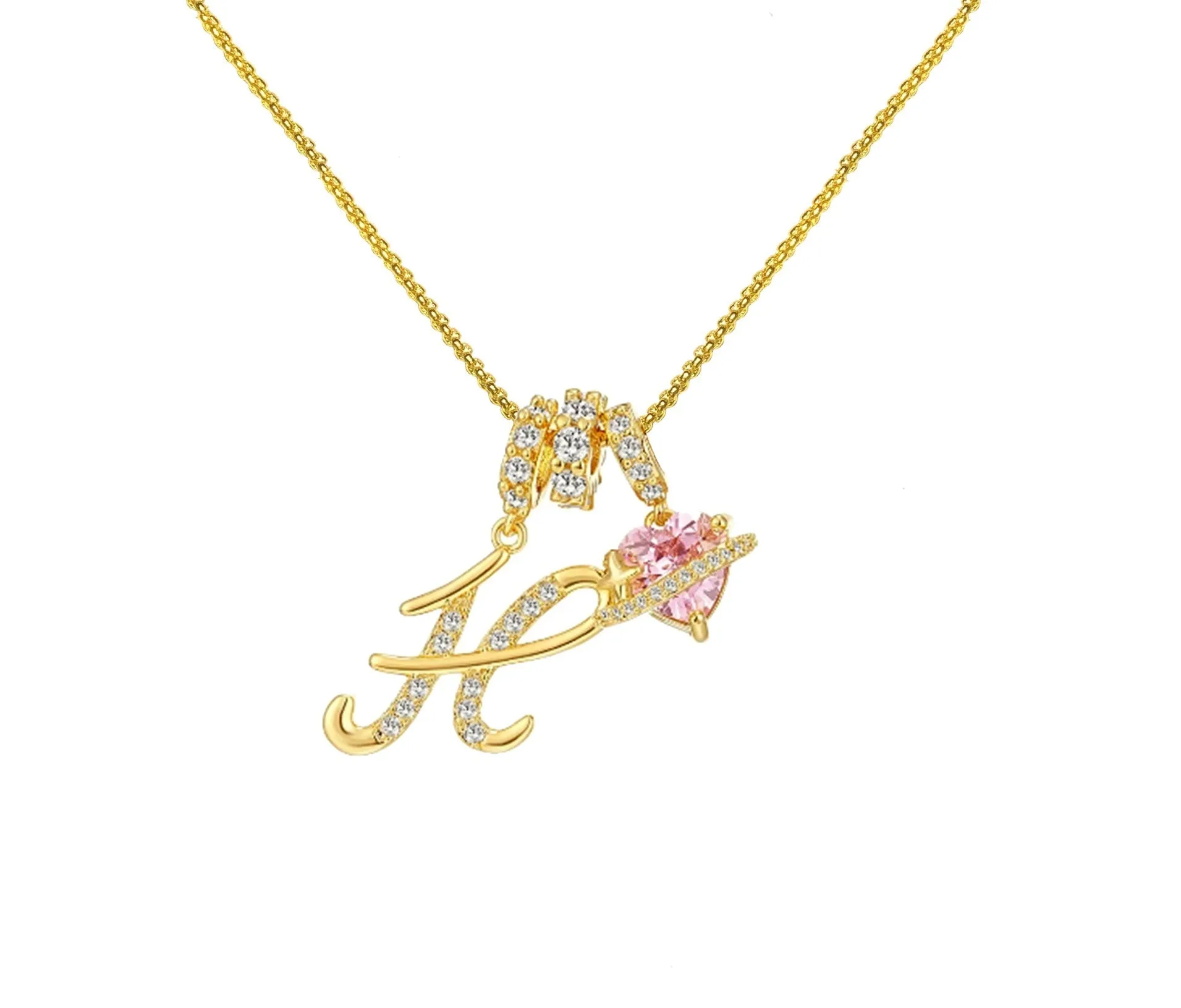 Copper English letter necklace with 26 alphabet charms in gold and silver style on display