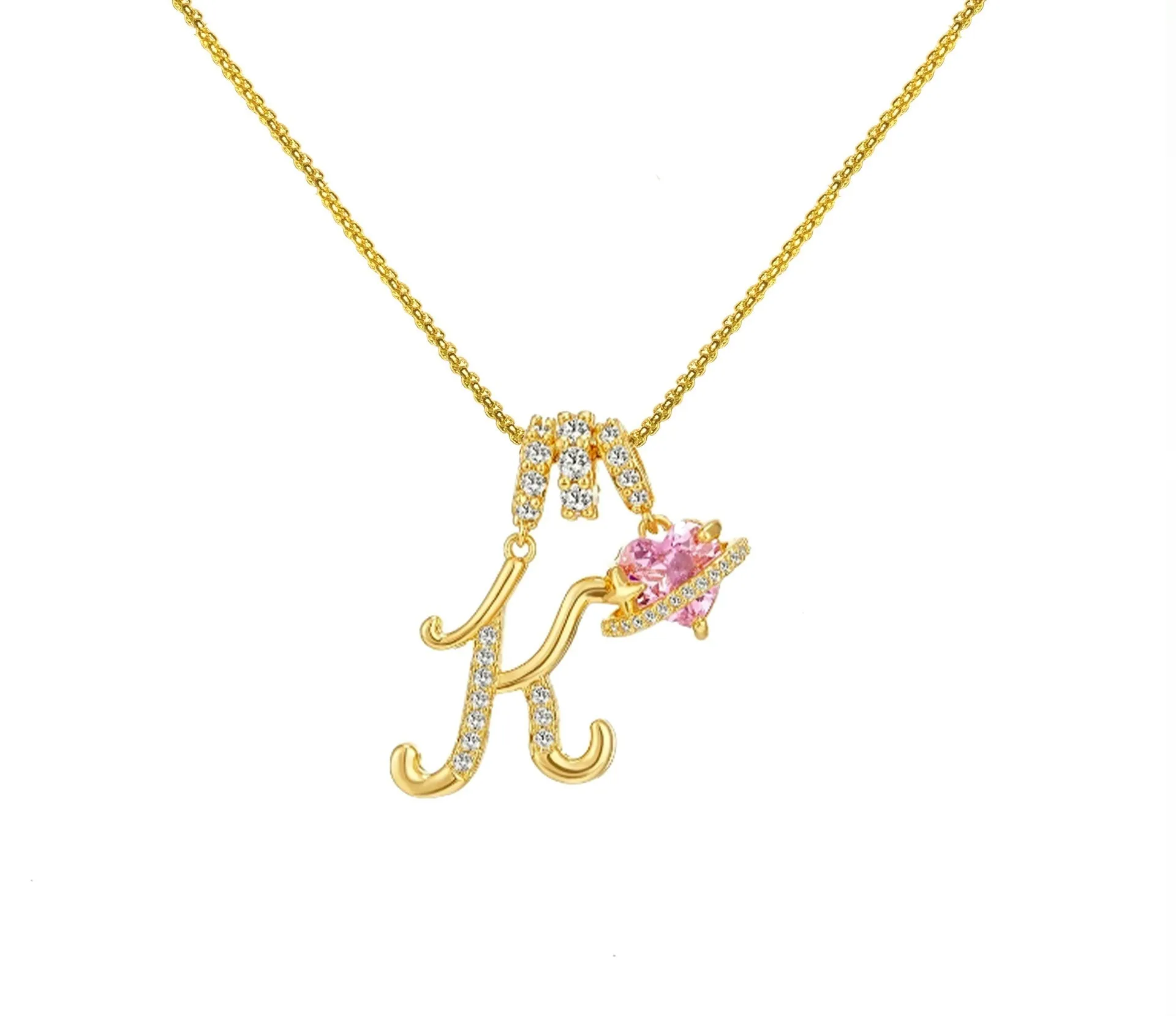 Copper English letter necklace with 26 alphabet charms in gold and silver style on display