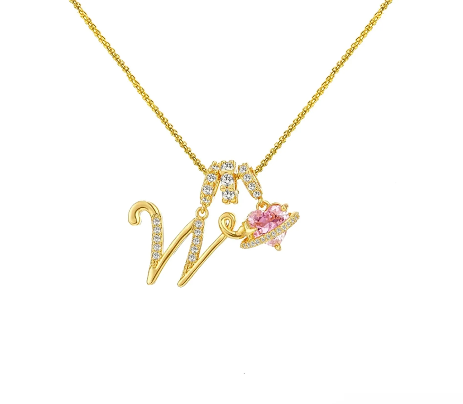 Copper English letter necklace with 26 alphabet charms in gold and silver style on display