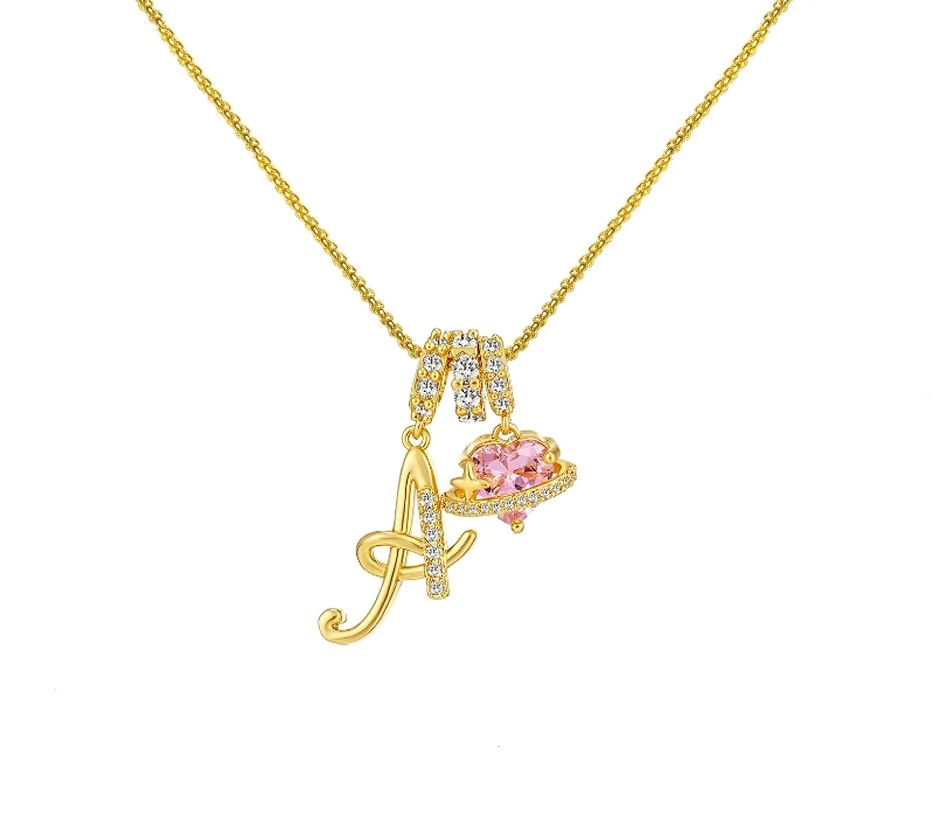 Copper English letter necklace with 26 alphabet charms in gold and silver style on display