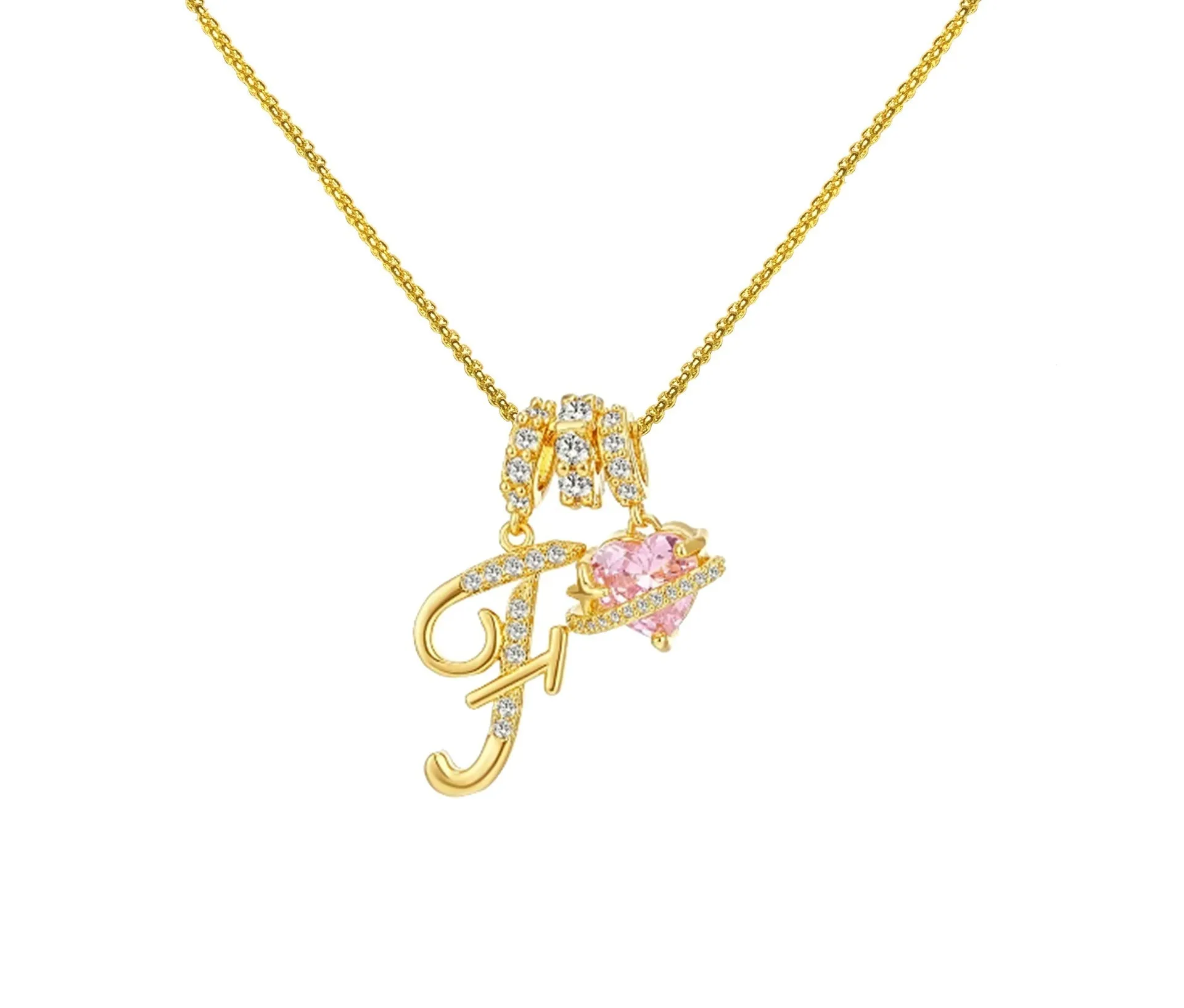 Copper English letter necklace with 26 alphabet charms in gold and silver style on display