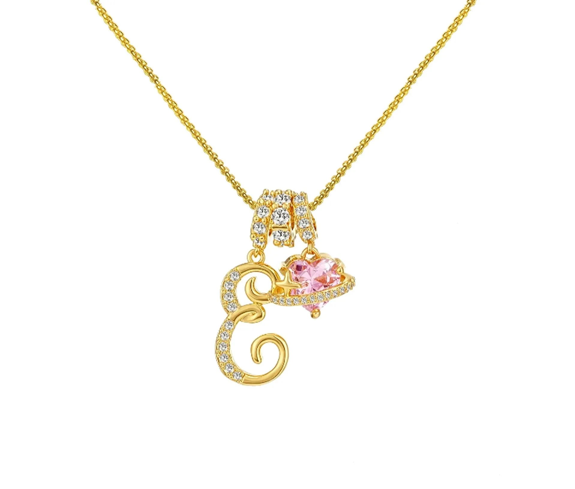 Copper English letter necklace with 26 alphabet charms in gold and silver style on display