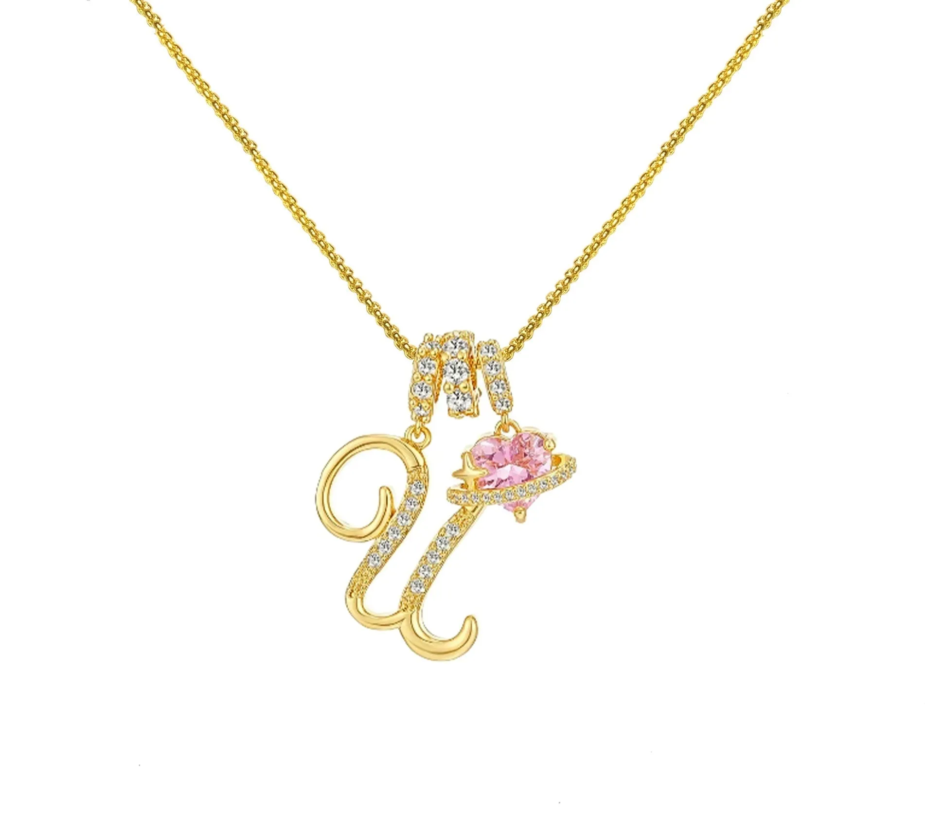 Copper English letter necklace with 26 alphabet charms in gold and silver style on display