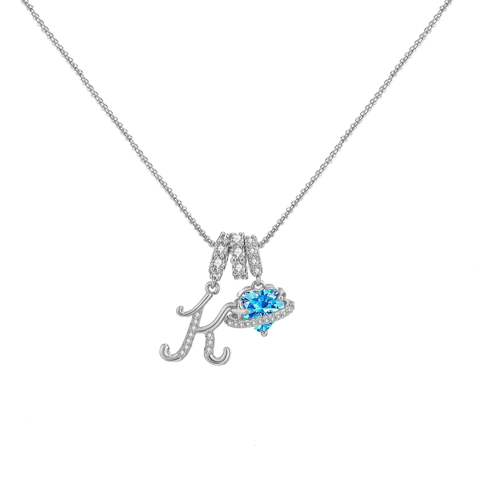Copper English letter necklace with 26 alphabet charms in gold and silver style on display