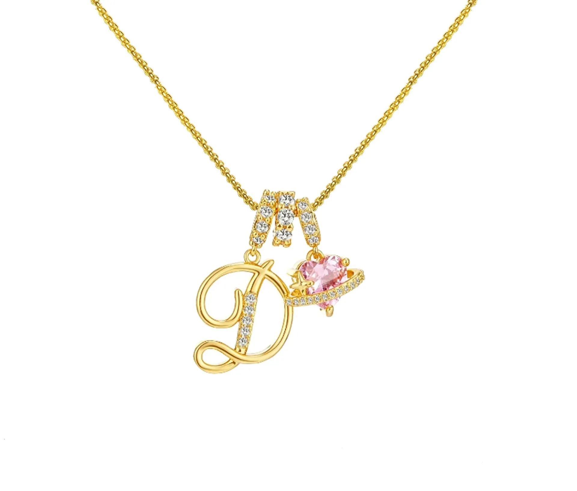 Copper English letter necklace with 26 alphabet charms in gold and silver style on display