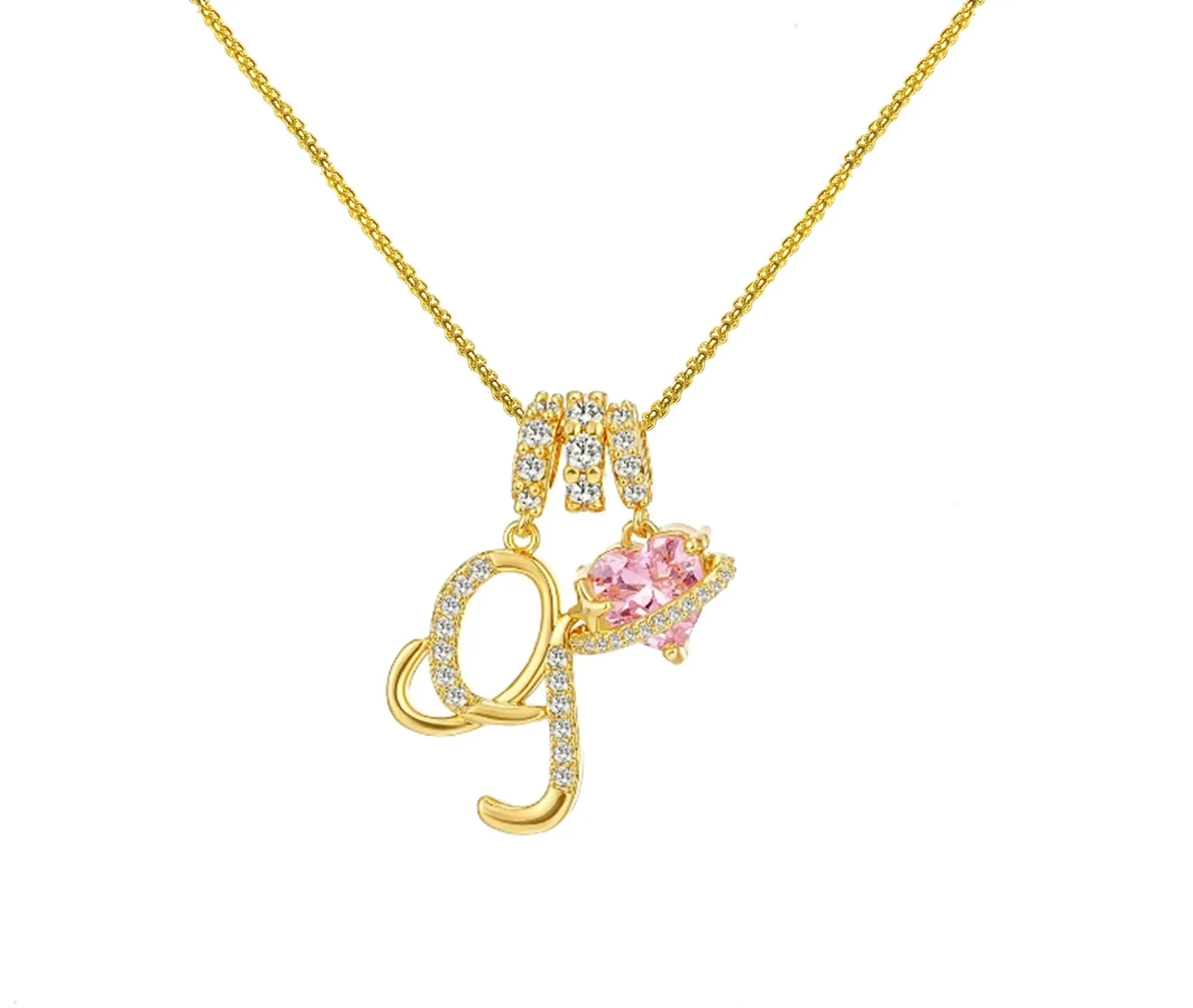 Copper English letter necklace with 26 alphabet charms in gold and silver style on display