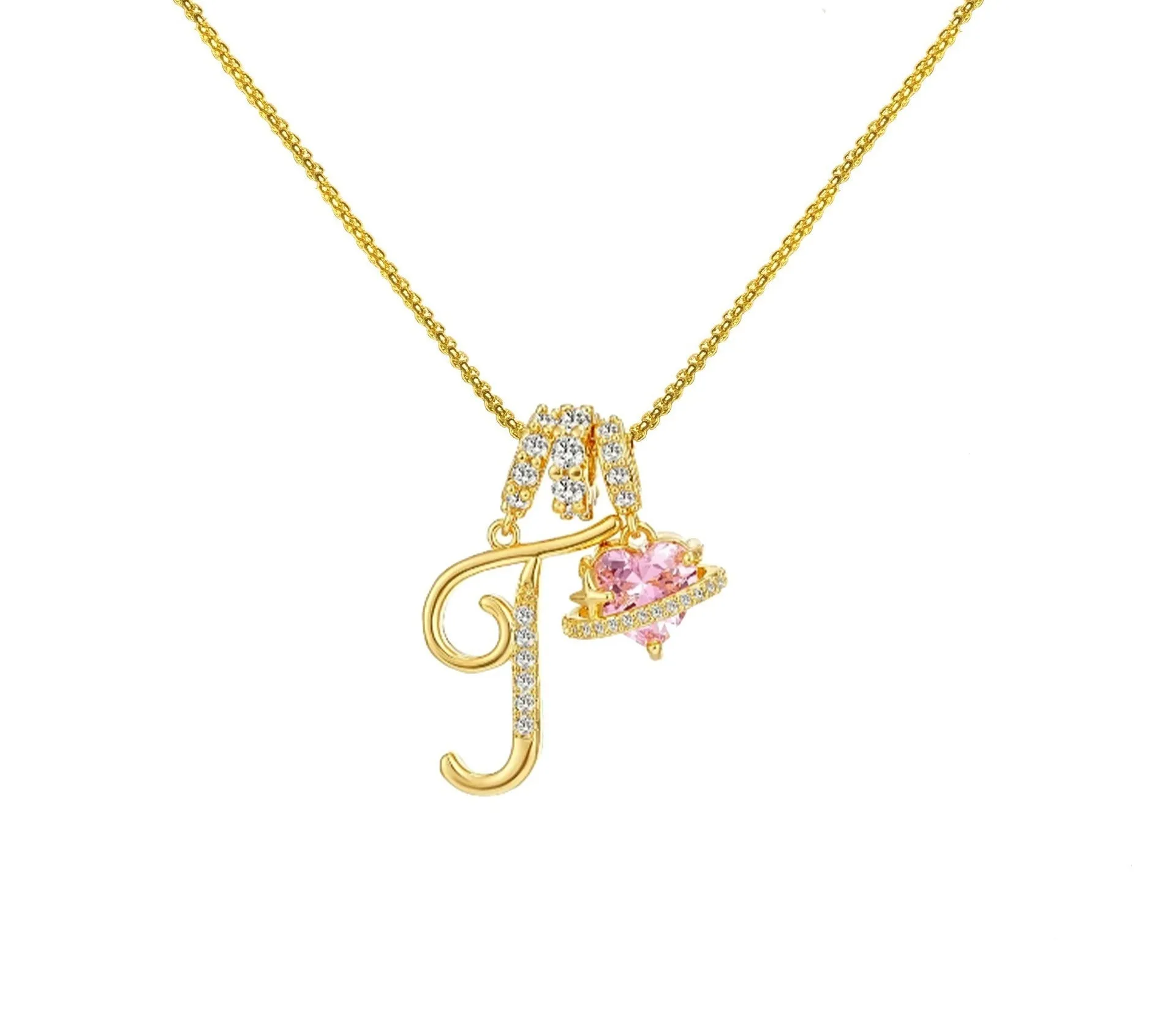 Copper English letter necklace with 26 alphabet charms in gold and silver style on display