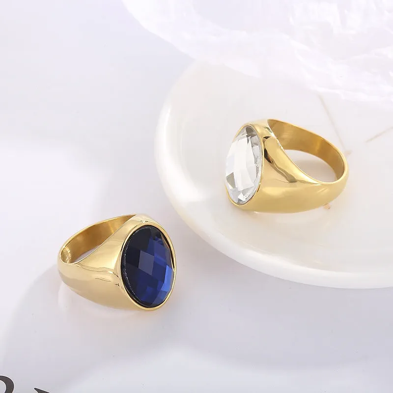 Retro titanium electroplated stainless steel geometric women's ring on white background