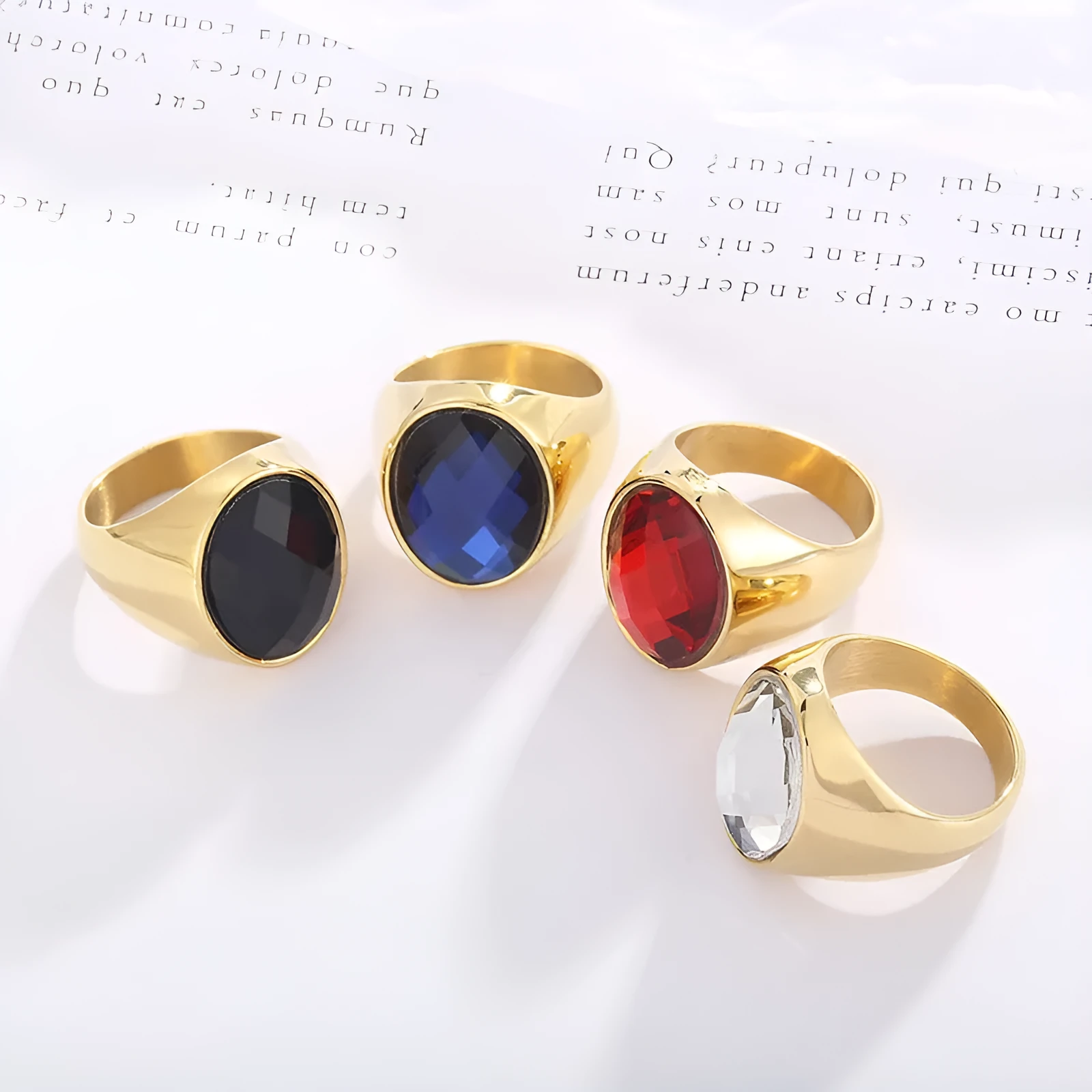 Retro titanium electroplated stainless steel geometric women's ring on white background