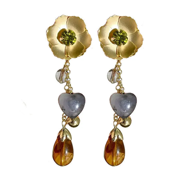Gold diamond flower love iron earrings heart floral pastoral style for women