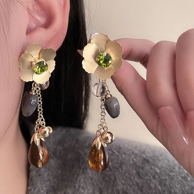 Gold diamond flower love iron earrings heart floral pastoral style for women