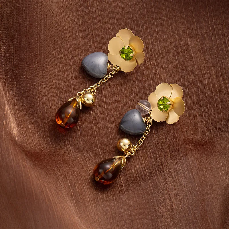 Gold diamond flower love iron earrings heart floral pastoral style for women