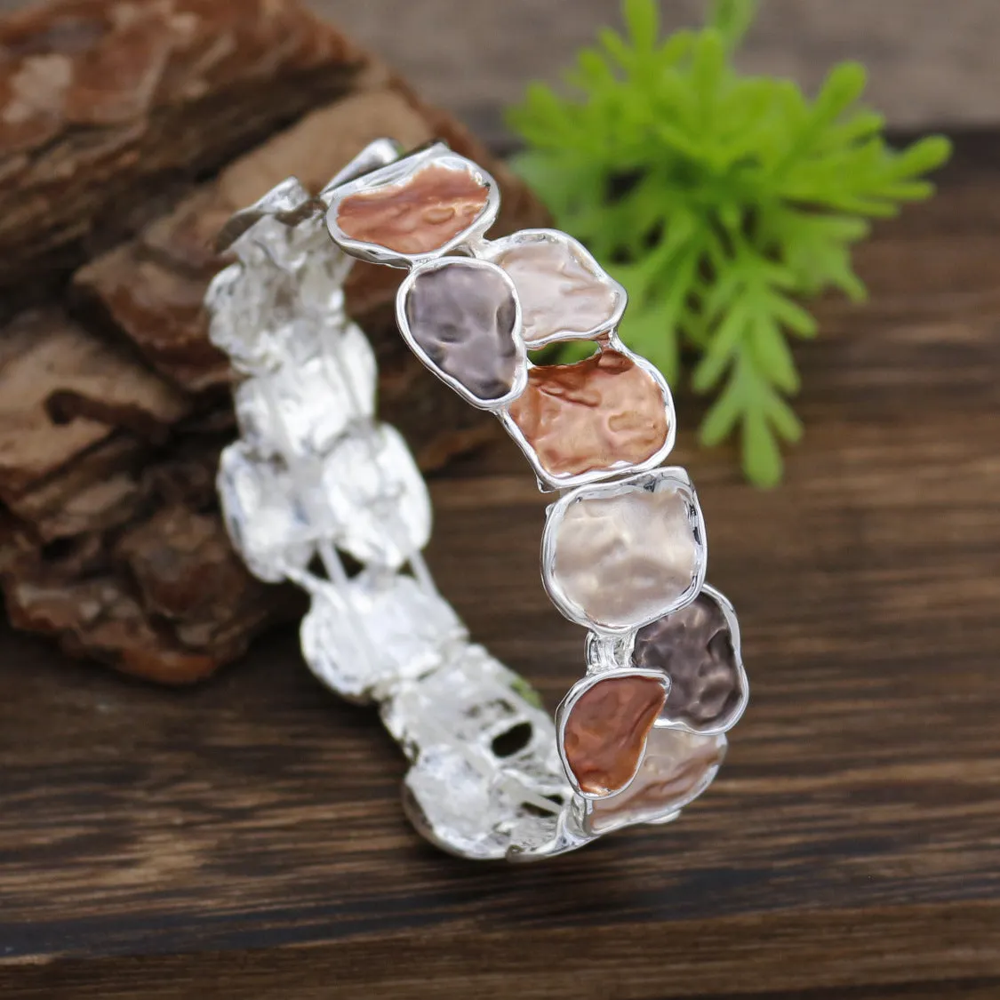 Enamel square geometric stretch bracelet in silver finish with colourful square pattern