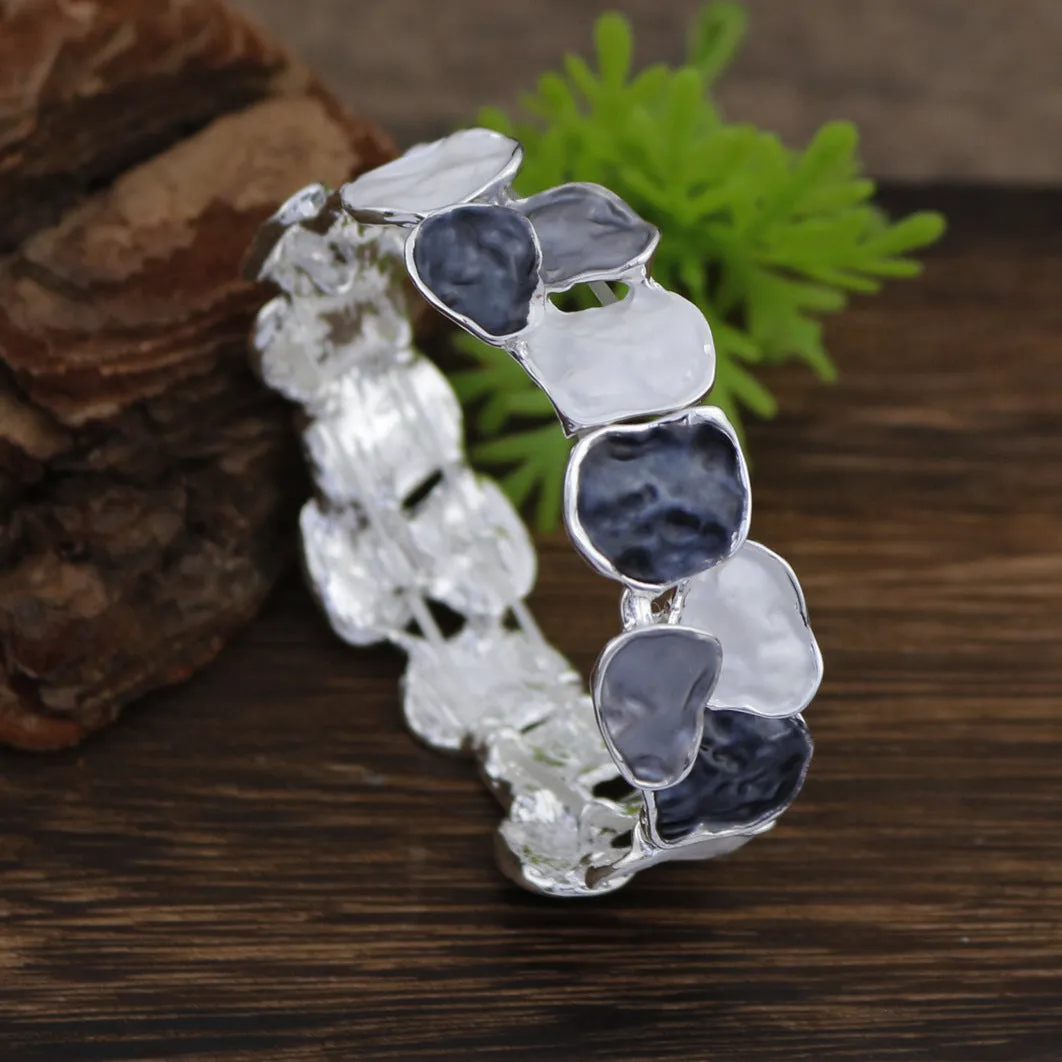 Enamel square geometric stretch bracelet in silver finish with colourful square pattern