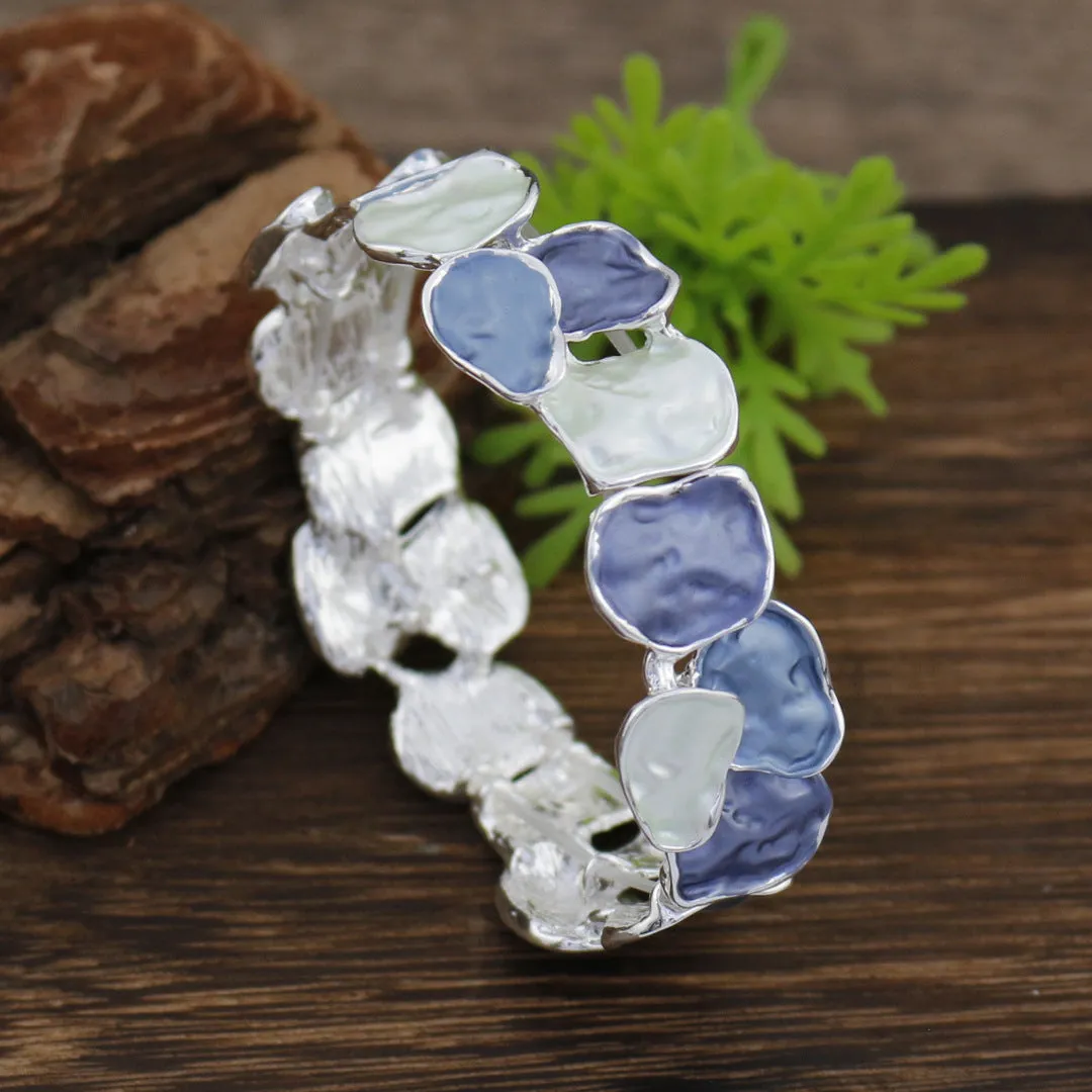 Enamel square geometric stretch bracelet in silver finish with colourful square pattern