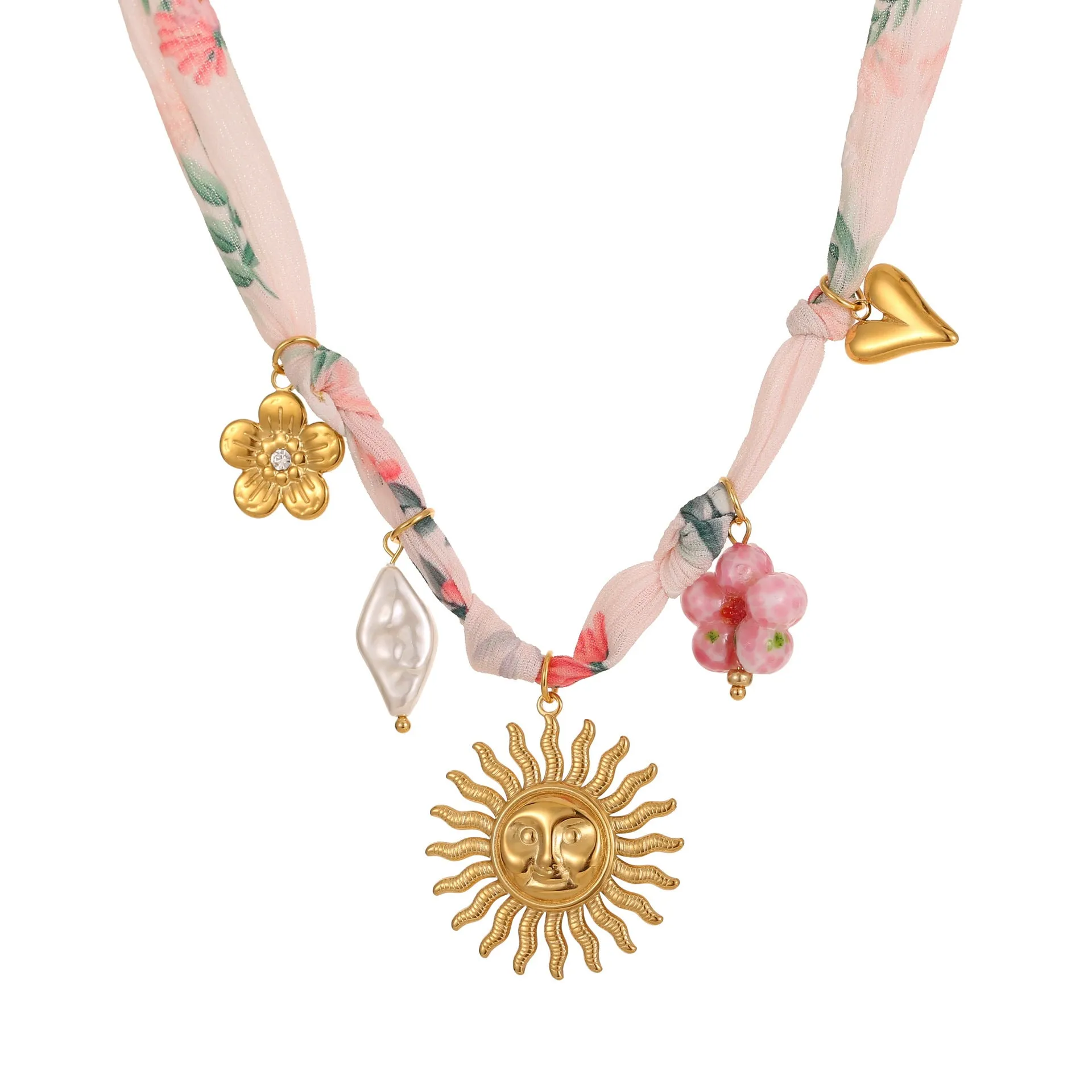 Sun Love pendant necklace in stainless steel with 18K electroplate, showing Heart and Ribbon Sun design options.