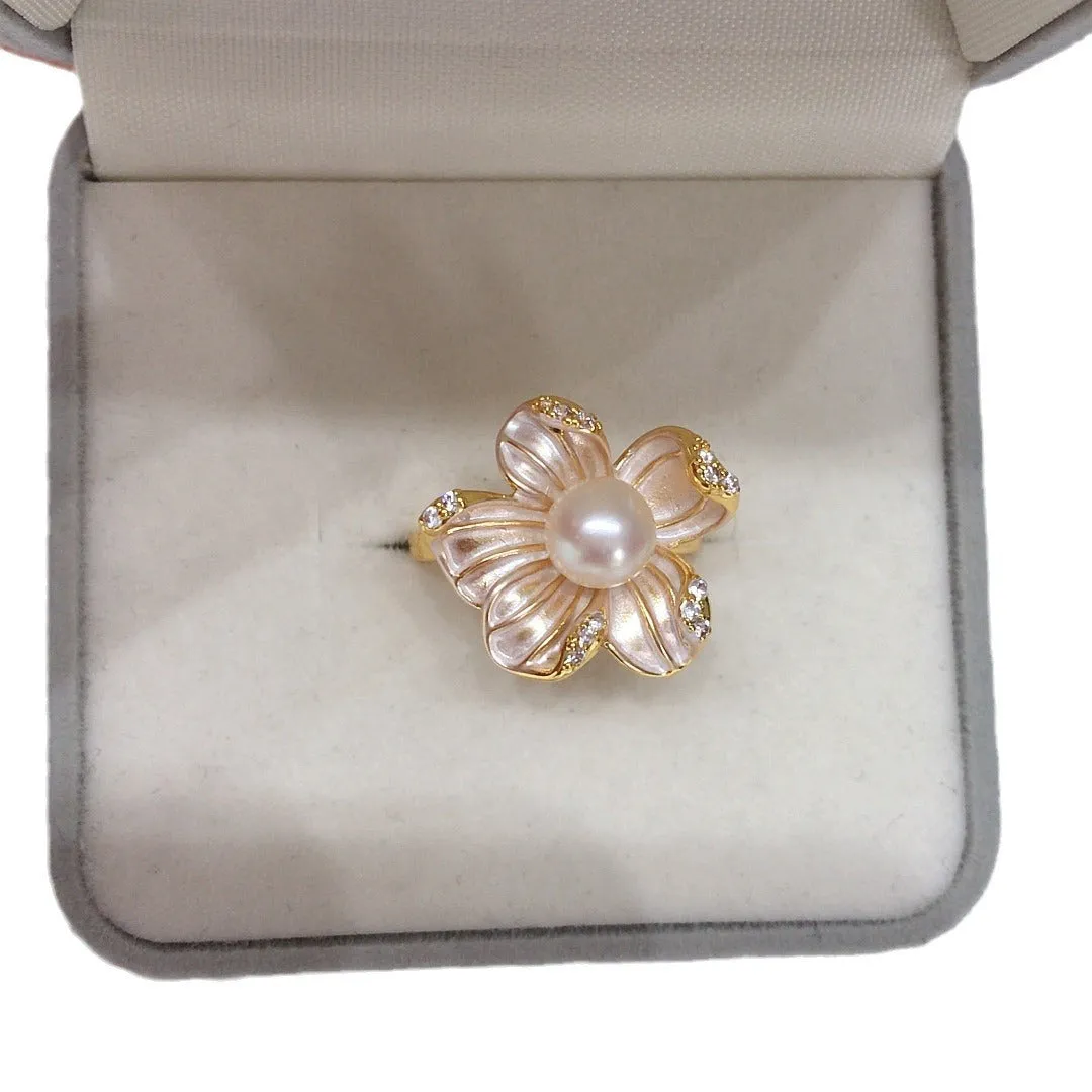 5A bright natural freshwater pearl ring with 18K gold plated frosted flower design, adjustable opening, white pearl colour