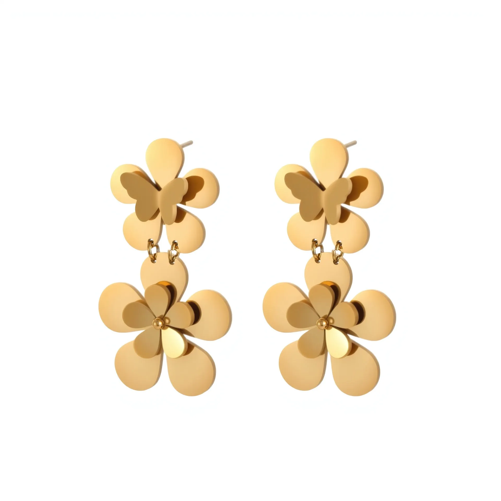 Gold flower butterfly stainless steel earrings for women with geometric details