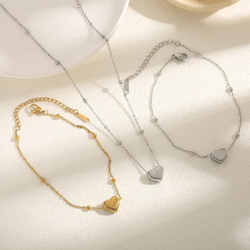Love titanium steel necklace for women, ball bead chain, electroplated silver finish, geometric pendant